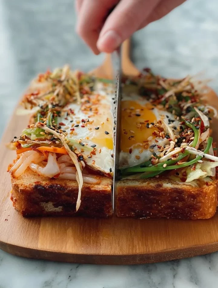 Delicious Korean Street Toast stacked with vegetables and eggs on a grill