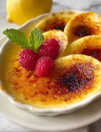 Delicious lemon brûlée posset with caramelized sugar topping in a glass