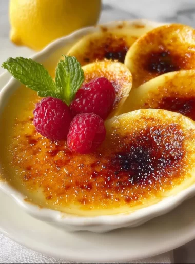 Delicious lemon brûlée posset with caramelized sugar topping in a glass