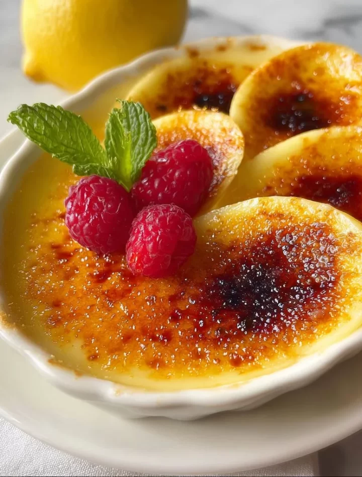 Delicious lemon brûlée posset with caramelized sugar topping in a glass