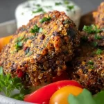 Lentil Quinoa Patties served on a plate with fresh herbs and vegetables