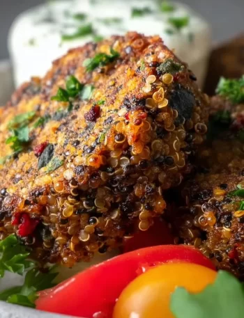 Lentil Quinoa Patties served on a plate with fresh herbs and vegetables