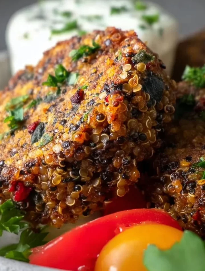 Lentil Quinoa Patties served on a plate with fresh herbs and vegetables