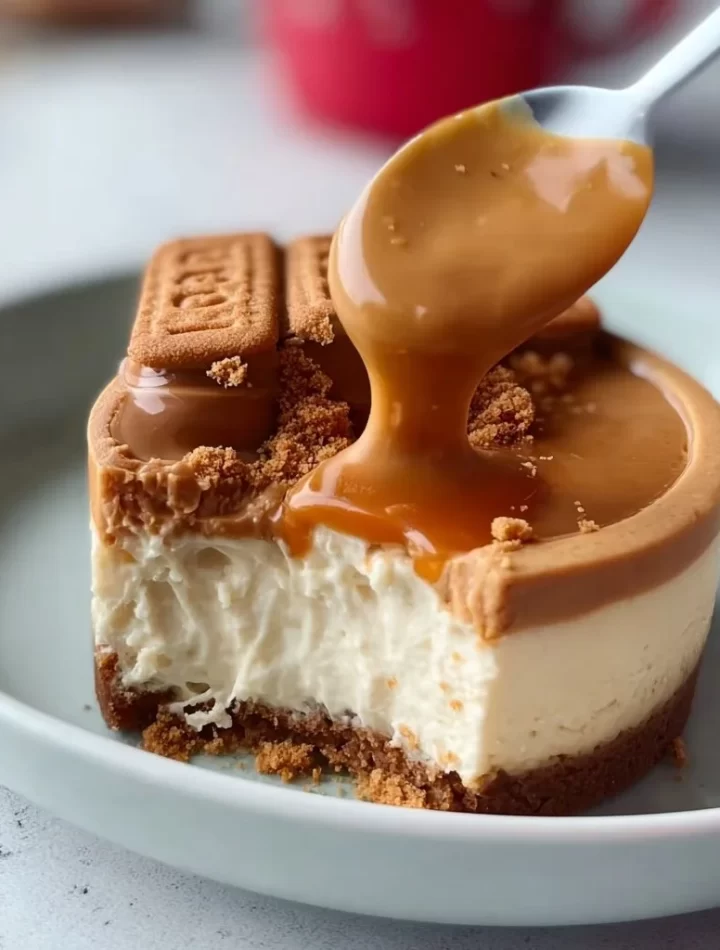 Delicious slice of Lotus Biscoff Cheesecake topped with crumbs and sauce.