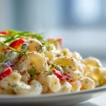 Bowl of fresh macaroni salad with colorful vegetables