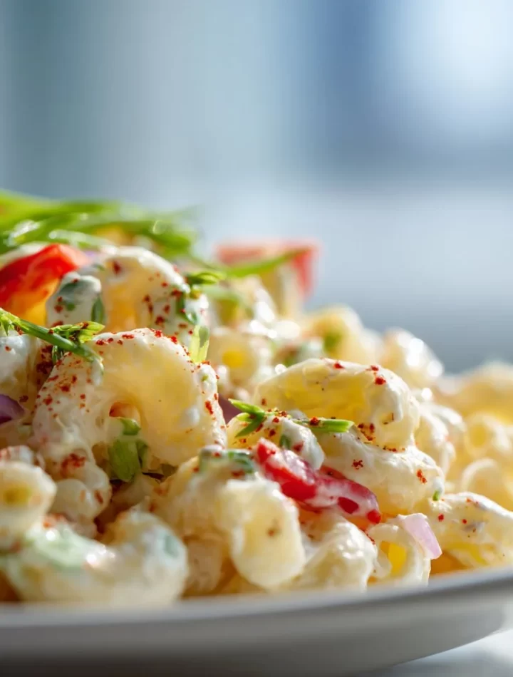 Bowl of fresh macaroni salad with colorful vegetables