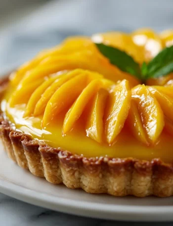 Delicious mango curd tart topped with fresh mango slices and whipped cream