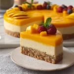 Delicious Mango Mousse Cake topped with fresh mango slices and whipped cream
