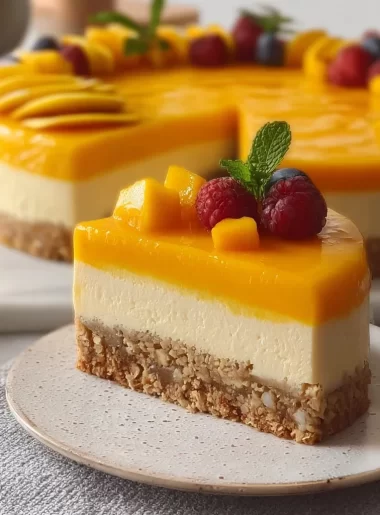 Delicious Mango Mousse Cake topped with fresh mango slices and whipped cream