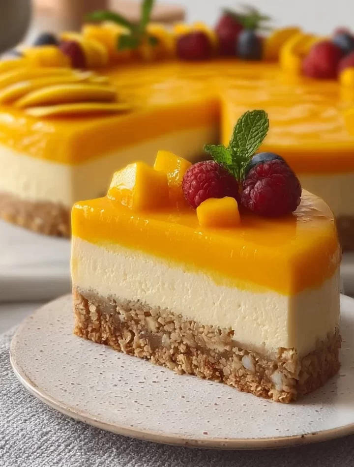 Delicious Mango Mousse Cake topped with fresh mango slices and whipped cream