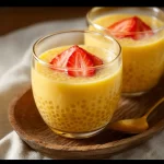 Delicious bowl of Mango Tapioca Pudding topped with fresh mango slices