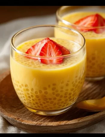 Delicious bowl of Mango Tapioca Pudding topped with fresh mango slices