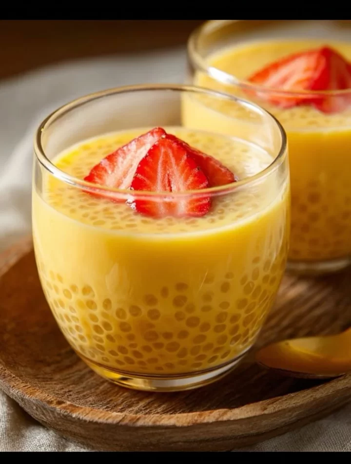 Delicious bowl of Mango Tapioca Pudding topped with fresh mango slices