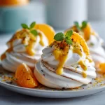 Meringues topped with colorful citrus curd served on a white plate.