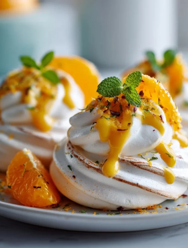 Meringues topped with colorful citrus curd served on a white plate.