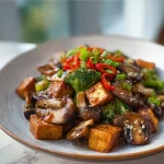 Colorful Mushroom Tofu Stir-Fry served with fresh vegetables in a bowl.