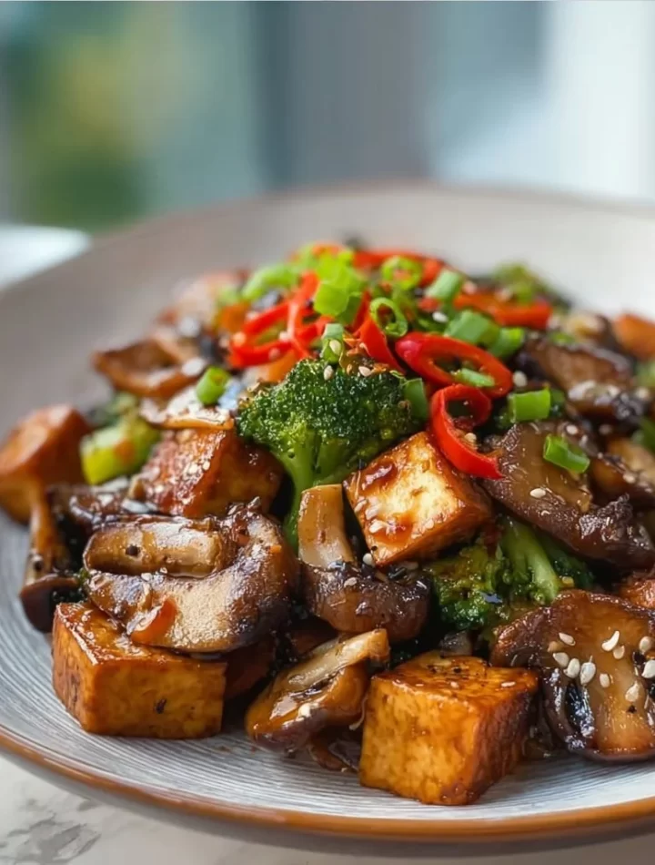 Colorful Mushroom Tofu Stir-Fry served with fresh vegetables in a bowl.