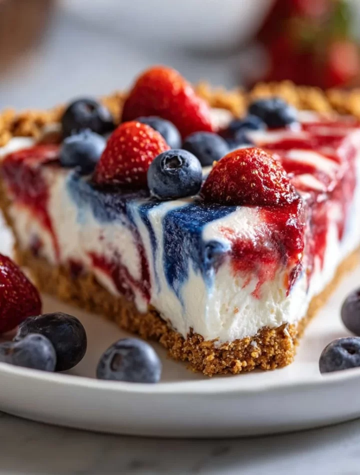 No-Bake 4th of July Swirl Pie with colorful swirls and festive decorations