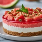 No-bake watermelon cheesecake topped with fresh slices of watermelon.