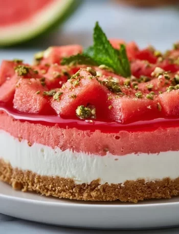 No-bake watermelon cheesecake topped with fresh slices of watermelon.