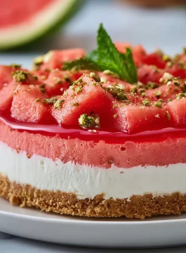 No-bake watermelon cheesecake topped with fresh slices of watermelon.