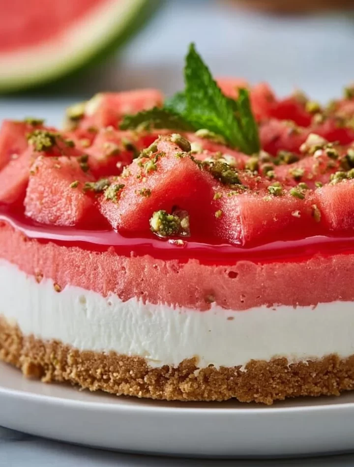 No-bake watermelon cheesecake topped with fresh slices of watermelon.