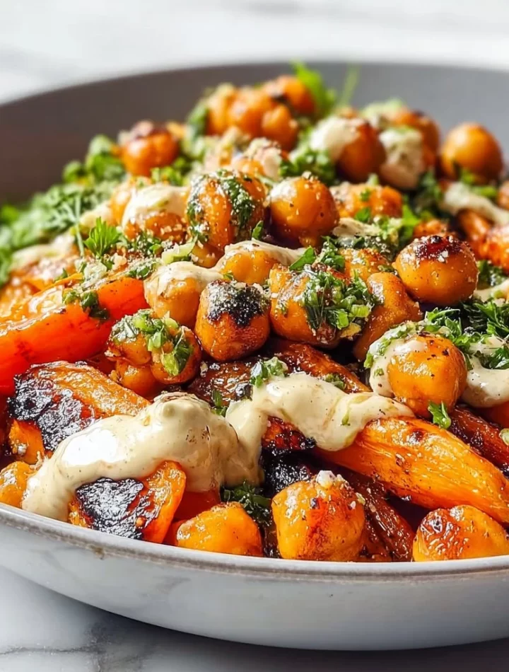 One-Pan Roasted Carrot and Chickpea Bowl with vibrant colors and healthy ingredients