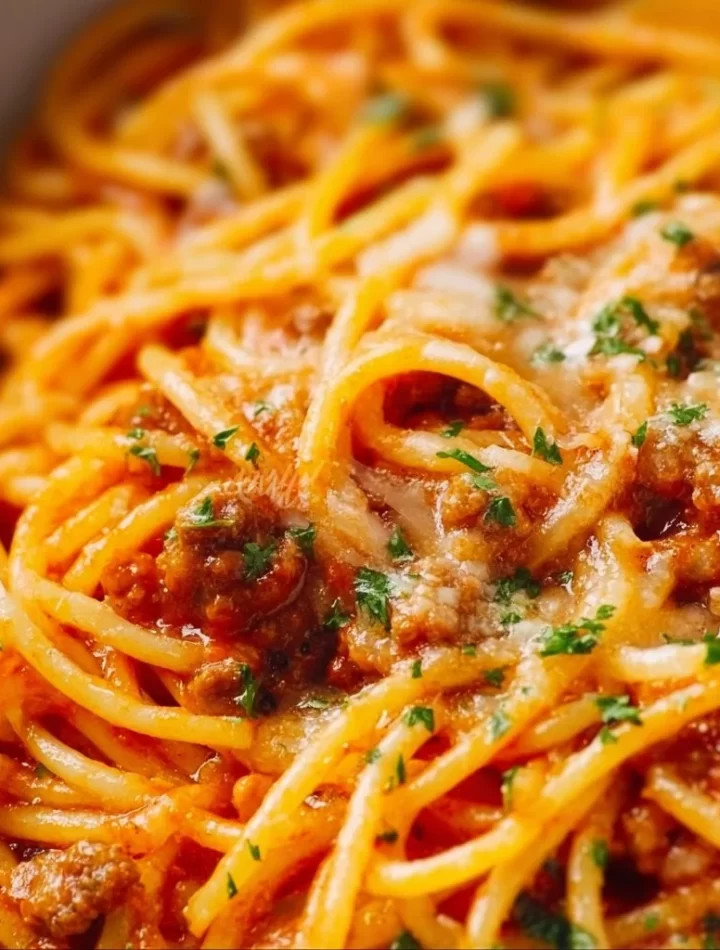 Creamy One Pot Cheesy Spaghetti served in a bowl, garnished with herbs.