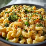 One Pot Veggie Mac and Cheese in a skillet with colorful vegetables