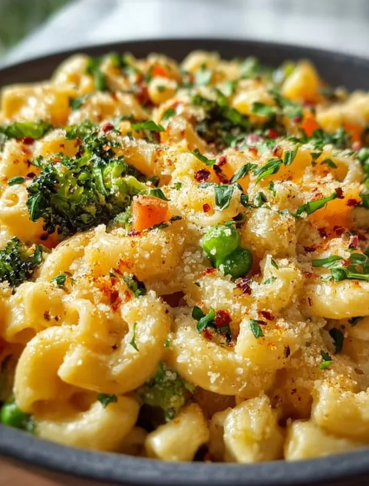 One Pot Veggie Mac and Cheese in a skillet with colorful vegetables