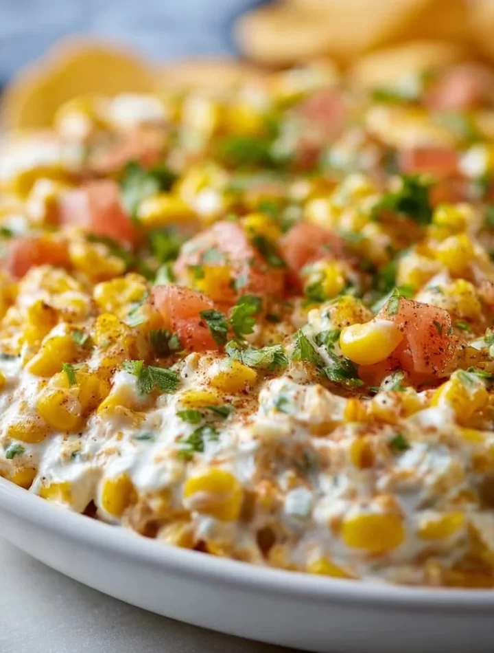 Delicious out-of-this-world corn dip served in a bowl with tortilla chips