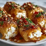 Oven fried feta rolls drizzled with chili honey in a serving dish