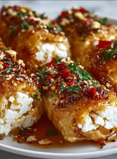 Oven fried feta rolls drizzled with chili honey in a serving dish