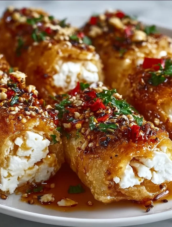 Oven fried feta rolls drizzled with chili honey in a serving dish