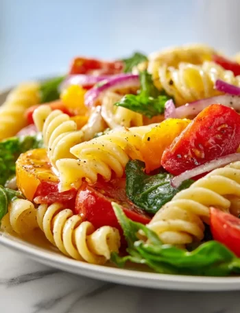 Colorful bowl of pasta salad with vegetables and dressing