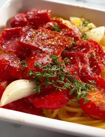 Pasta topped with roasted pepper and tomato sauce for a vibrant flavor.