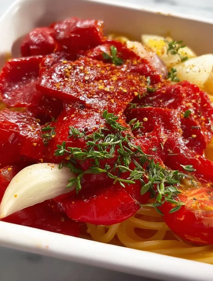 Pasta topped with roasted pepper and tomato sauce for a vibrant flavor.