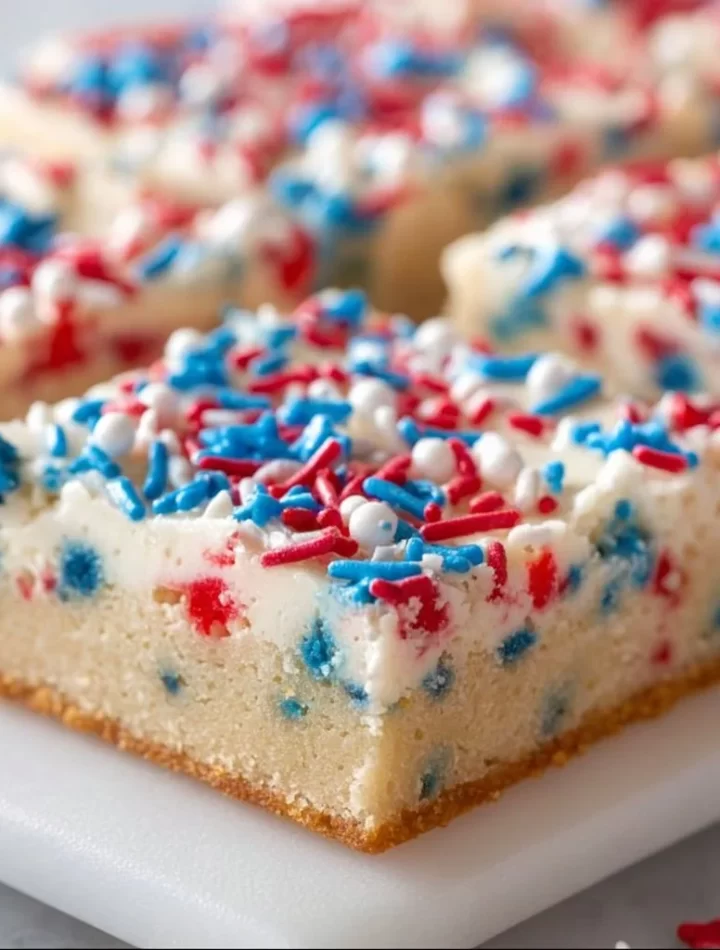 Patriotic Sugar Cookie Bars decorated with red, white, and blue sprinkles