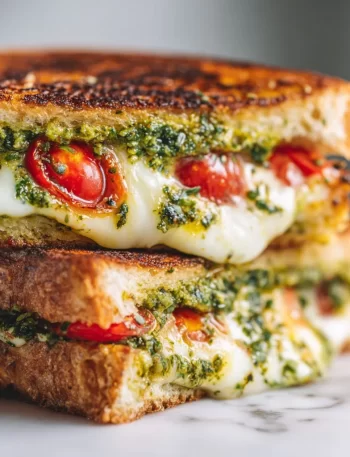 Delicious Pesto Grilled Cheese sandwich with melted cheese and fresh basil pesto