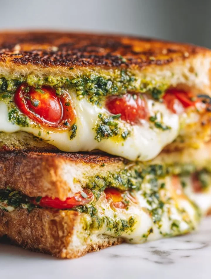 Delicious Pesto Grilled Cheese sandwich with melted cheese and fresh basil pesto