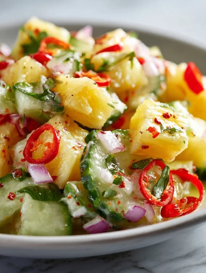 Pineapple Cucumber Salad with diced fruit and fresh herbs in a bowl