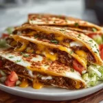 Delicious smashburger quesadillas ready to serve with toppings