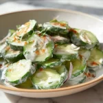 Fresh cucumber salad with herbs and dressing served in a bowl