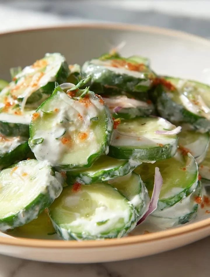 Fresh cucumber salad with herbs and dressing served in a bowl