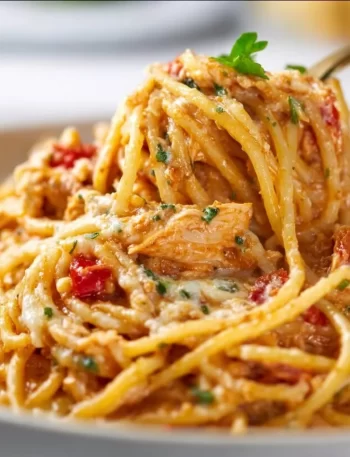 Delicious quick one-pot chicken spaghetti dish with fresh ingredients