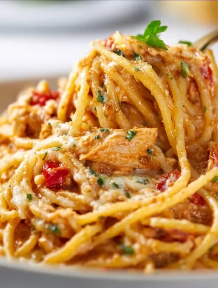 Delicious quick one-pot chicken spaghetti dish with fresh ingredients