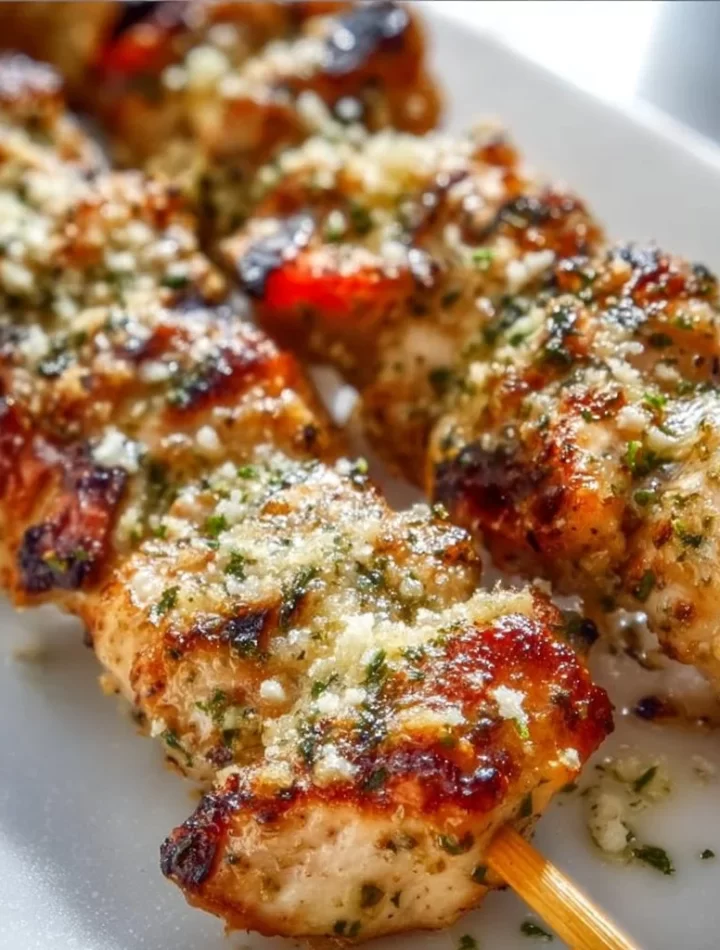 Ranch Garlic Parmesan Chicken Skewers ready for serving with a delicious glaze
