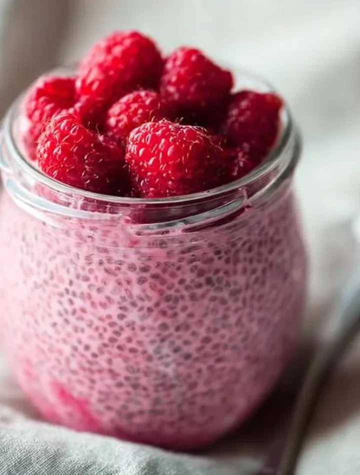 Bowl of raspberry chia pudding sweetened with maple syrup, topped with fresh berries