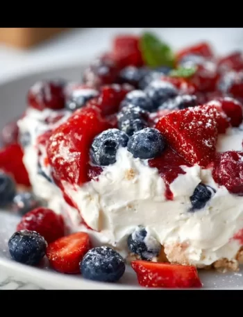 Red White and Blue Cheesecake Salad with strawberries, blueberries, and cream cheese mixture.