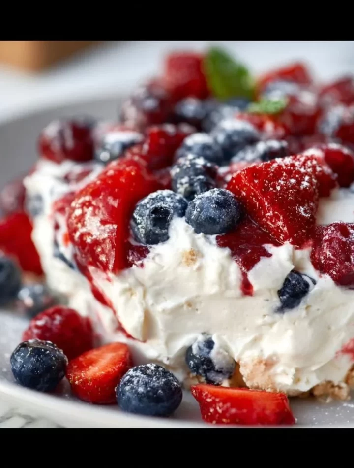 Red White and Blue Cheesecake Salad with strawberries, blueberries, and cream cheese mixture.